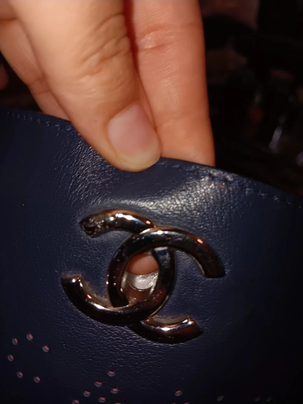 CHANEL Blue Perforated Logo Chain-Handle Tote